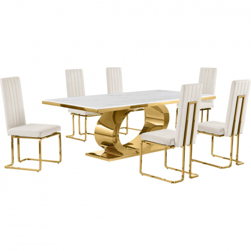 D433 7 Piece Dining Set in White Marble, Polished Gold Stainless Steel & Cream Velvet