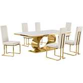 D433 7 Piece Dining Set in White Marble, Polished Gold Stainless Steel & Cream Velvet