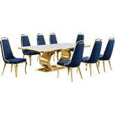 D433 9 Piece Dining Set in White Marble, Polished Gold Stainless Steel & Navy Blue Velvet