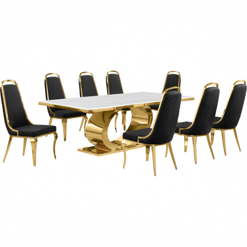 D433 9 Piece Dining Set in White Marble, Polished Gold Stainless Steel & Black Velvet