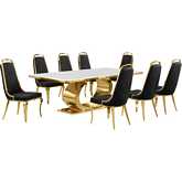 D433 9 Piece Dining Set in White Marble, Polished Gold Stainless Steel & Black Velvet