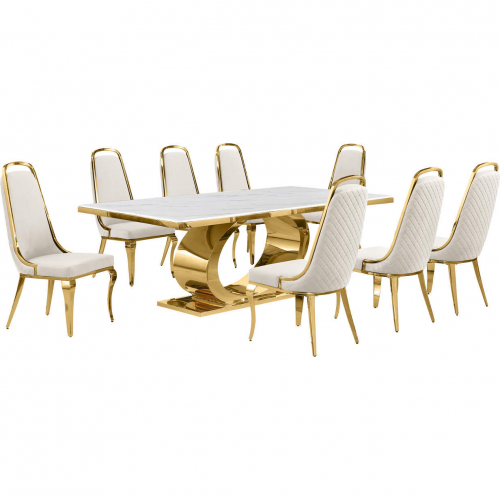 D433 9 Piece Dining Set in White Marble, Polished Gold Stainless Steel & Cream Velvet
