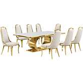 D433 9 Piece Dining Set in White Marble, Polished Gold Stainless Steel & Cream Velvet