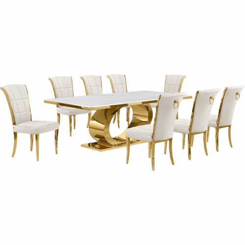 D433 9 Piece Dining Set in White Marble, Polished Gold Stainless Steel & Cream Velvet