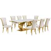 D433 9 Piece Dining Set in White Marble, Polished Gold Stainless Steel & Cream Velvet
