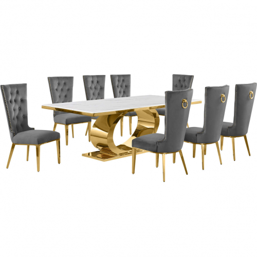 D433 9 Piece Dining Set in White Marble, Polished Gold Stainless Steel & Dark Gray Velvet