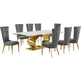 D433 9 Piece Dining Set in White Marble, Polished Gold Stainless Steel & Dark Gray Velvet