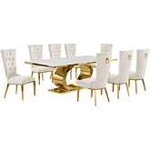 D433 9 Piece Dining Set in White Marble, Polished Gold Stainless Steel & Cream Velvet