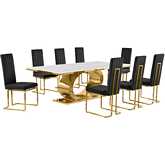 D433 9 Piece Dining Set in White Marble, Polished Gold Stainless Steel & Black Velvet