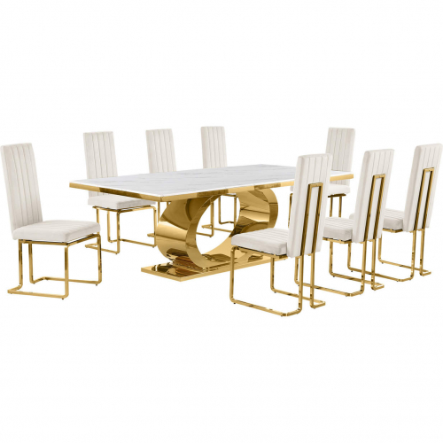 D433 9 Piece Dining Set in White Marble, Polished Gold Stainless Steel & Cream Velvet