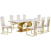 D433 9 Piece Dining Set in White Marble, Polished Gold Stainless Steel & Cream Velvet