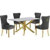 D61 5 Piece Dining Set in Glass, Gold Stainless Steel & Dark Gray Velvet