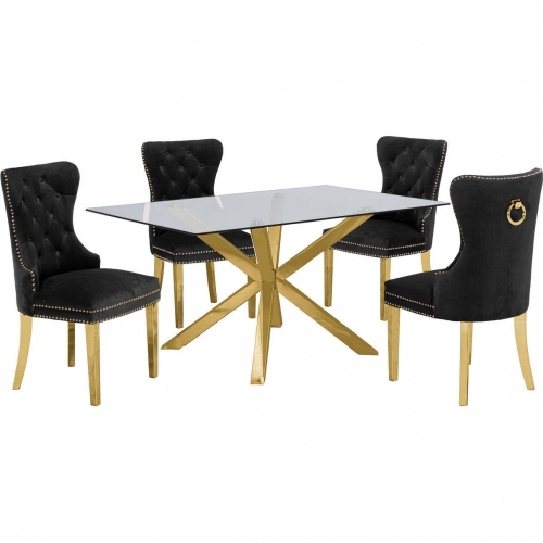 D61 5 Piece Dining Set in Glass, Gold Stainless Steel & Black Velvet