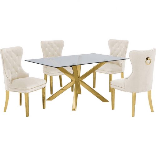 D61 5 Piece Dining Set in Glass, Gold Stainless Steel & Cream Velvet