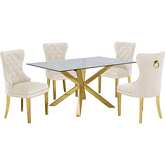 D61 5 Piece Dining Set in Glass, Gold Stainless Steel & Cream Velvet