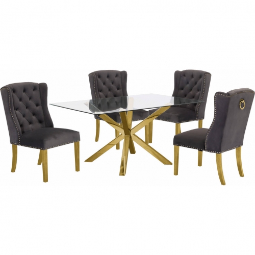D61 5 Piece Dining Set in Glass, Gold Stainless Steel & Dark Gray Velvet