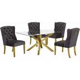 D61 5 Piece Dining Set in Glass, Gold Stainless Steel & Dark Gray Velvet
