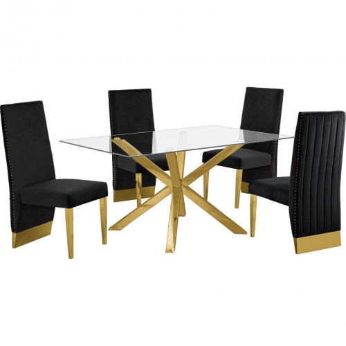 D61 5 Piece Dining Set in Glass, Gold Stainless Steel & Black Velvet