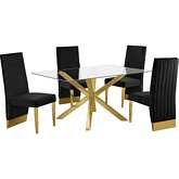 D61 5 Piece Dining Set in Glass, Gold Stainless Steel & Black Velvet