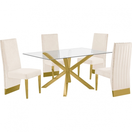 D61 5 Piece Dining Set in Glass, Gold Stainless Steel & Cream Velvet