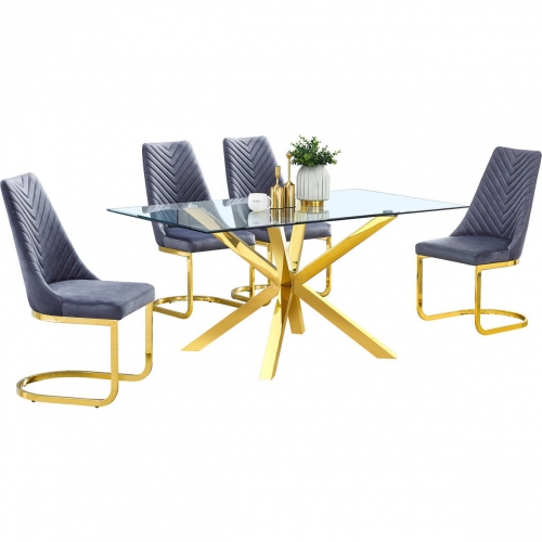 D61 5 Piece Dining Set in Glass, Gold Stainless Steel & Dark Gray Velvet