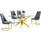 D61 5 Piece Dining Set in Glass, Gold Stainless Steel & Dark Gray Velvet