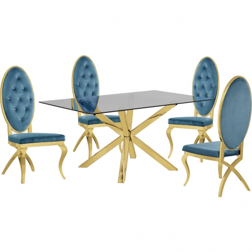D61 5 Piece Dining Set in Glass, Gold Stainless Steel & Teal Blue Velvet