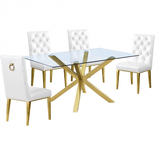 D61 5 Piece Dining Set in Glass, Gold Stainless Steel & White Leatherette