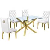 D61 5 Piece Dining Set in Glass, Gold Stainless Steel & White Leatherette