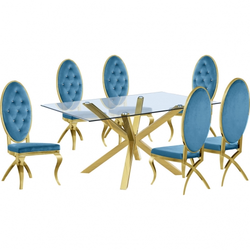 D61 7 Piece Dining Set in Glass, Gold Stainless Steel & Teal Blue Velvet