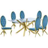 D61 7 Piece Dining Set in Glass, Gold Stainless Steel & Teal Blue Velvet