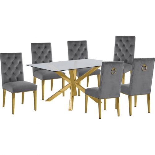 D61 7 Piece Dining Set in Glass, Gold Stainless Steel & Dark Gray Velvet