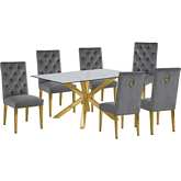 D61 7 Piece Dining Set in Glass, Gold Stainless Steel & Dark Gray Velvet