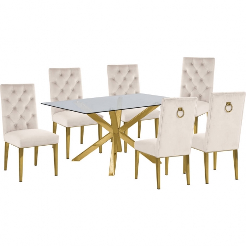 D61 7 Piece Dining Set in Glass, Gold Stainless Steel & Cream Velvet