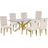 D61 7 Piece Dining Set in Glass, Gold Stainless Steel & Cream Velvet
