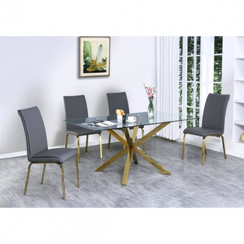 D61 5 Piece Dining Set in Glass, Gold Stainless Steel & Dark Gray Leatherette