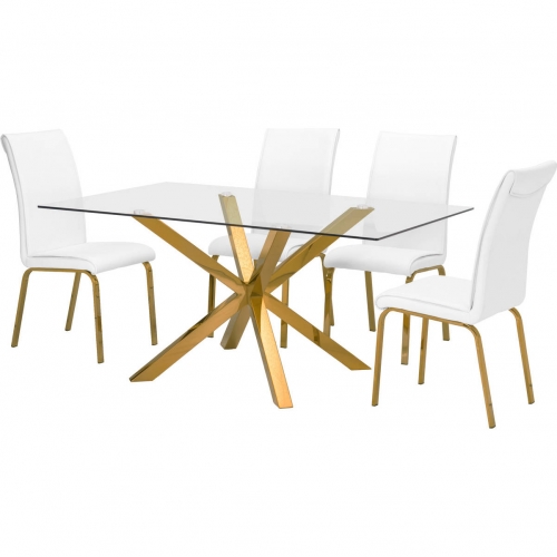 D62 5 Piece Dining Set in Glass, Gold Stainless Steel & White Leatherette