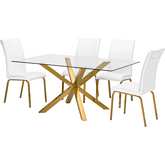 D62 5 Piece Dining Set in Glass, Gold Stainless Steel & White Leatherette