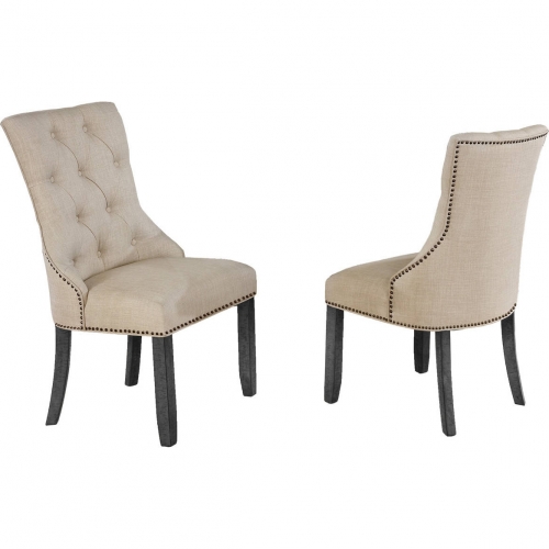 D89 Dining Chair in Tufted Beige Linen & Dark Gray Wood (Set of 2)