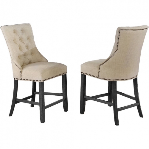 D91 Counter Dining Chair in Tufted Dark Beige Linen & Dark Gray Wood (Set of 2)