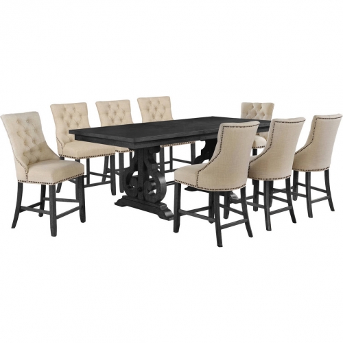 D91 9 Piece Counter Dining Set in Tufted Beige Linen & Dark Gray Wood
