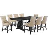 D91 9 Piece Counter Dining Set in Tufted Beige Linen & Dark Gray Wood