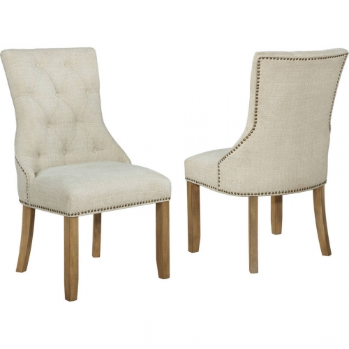 D93 Dining Chair in Tufted Beige Linen & Rustic Oak Wood (Set of 2)