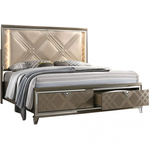 NY King Platform Bed in Majestic Gold Wood, Acrylic & LED Lighting