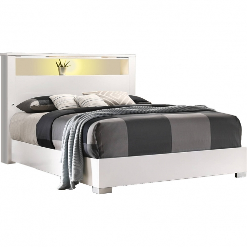 ROS King Bed with LED Headboard in White & Chrome
