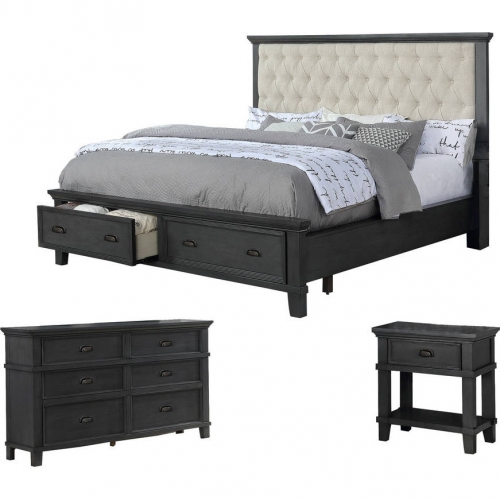 Sandy 3 Piece King Storage Bedroom Set in Beige Linen & Cappuccino Wood