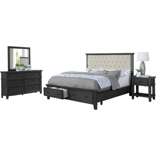 Sandy 4 Piece Queen Storage Bedroom Set in Beige Linen & Cappuccino Wood