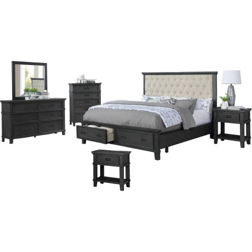 Sandy 6 Piece Queen Storage Bedroom Set in Beige Linen & Cappuccino Wood