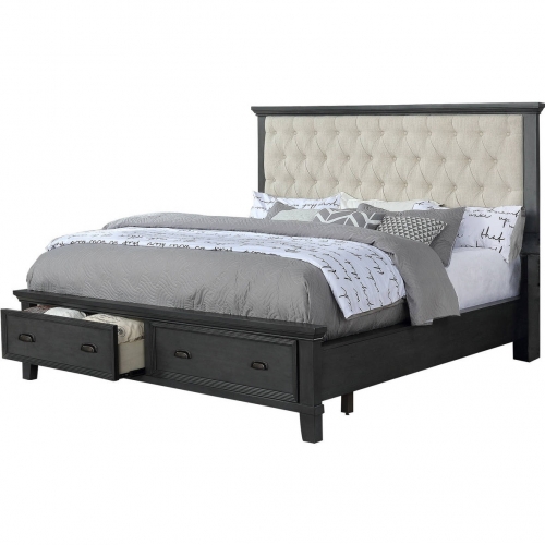 Sandy Storage King Storage Bed in Beige Linen & Cappuccino Wood