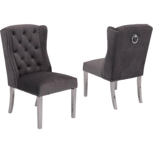 SC12 Dining Chair in Tufted Gray Velvet & Silver Stainless Steel (Set of 2)